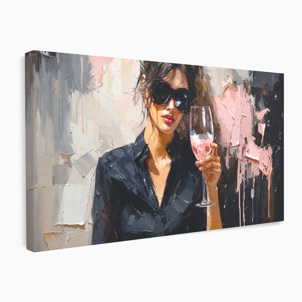 Tablou canvas cu tablou canvas cu femeie si pahar de vin, fara rama, pe sasiu de lemn